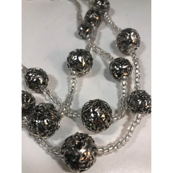Cookie Lee Multi Strand Necklace Silver Tone Filigree Balls Clear Glass Beads - Picture 4 of 6
